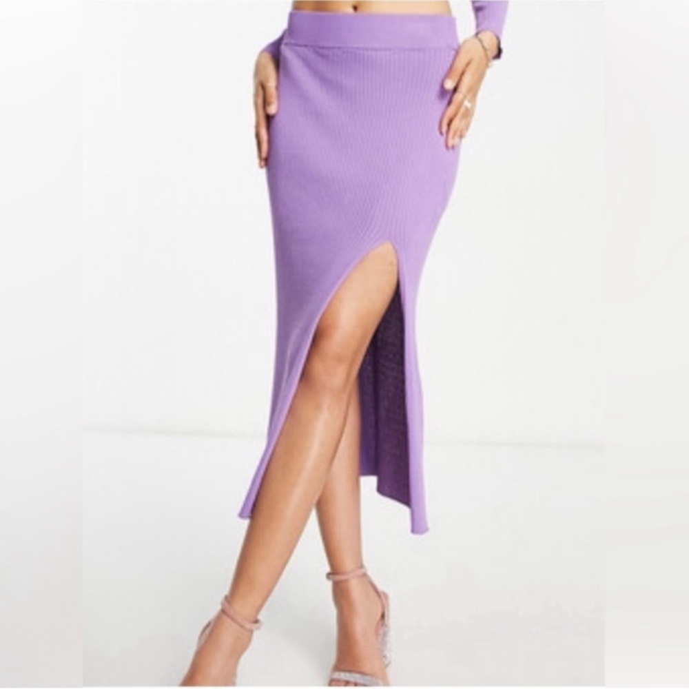 House of Harlow 1960 Ribbed Midi Skirt Misty Lilac Purple Side Slits Size L